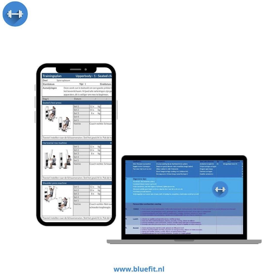 Mock up van Bluefit over de verschillende schema's die wij verkopen. Dit is te zien op een laptop en tablet.